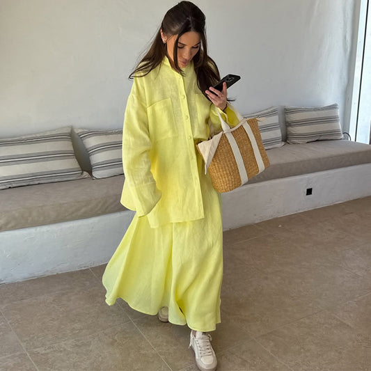 Casual Loose Long Sleeve Shirt Skirt Yellow Suit