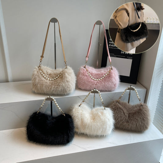 Plush Shoulder Bag with Pearl Chain